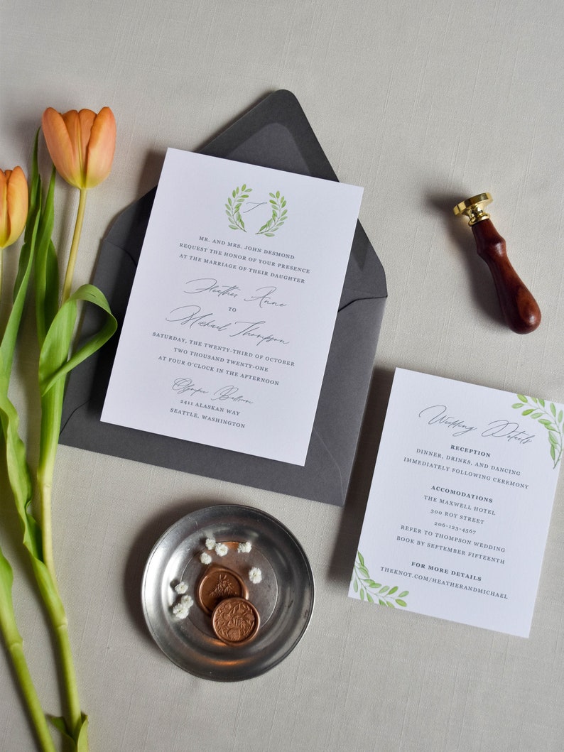 Romantic Wedding Invitation with RSVP Card, Watercolor Greenery Wedding Invite, Calligraphy Invitation Suite with Details Card image 7
