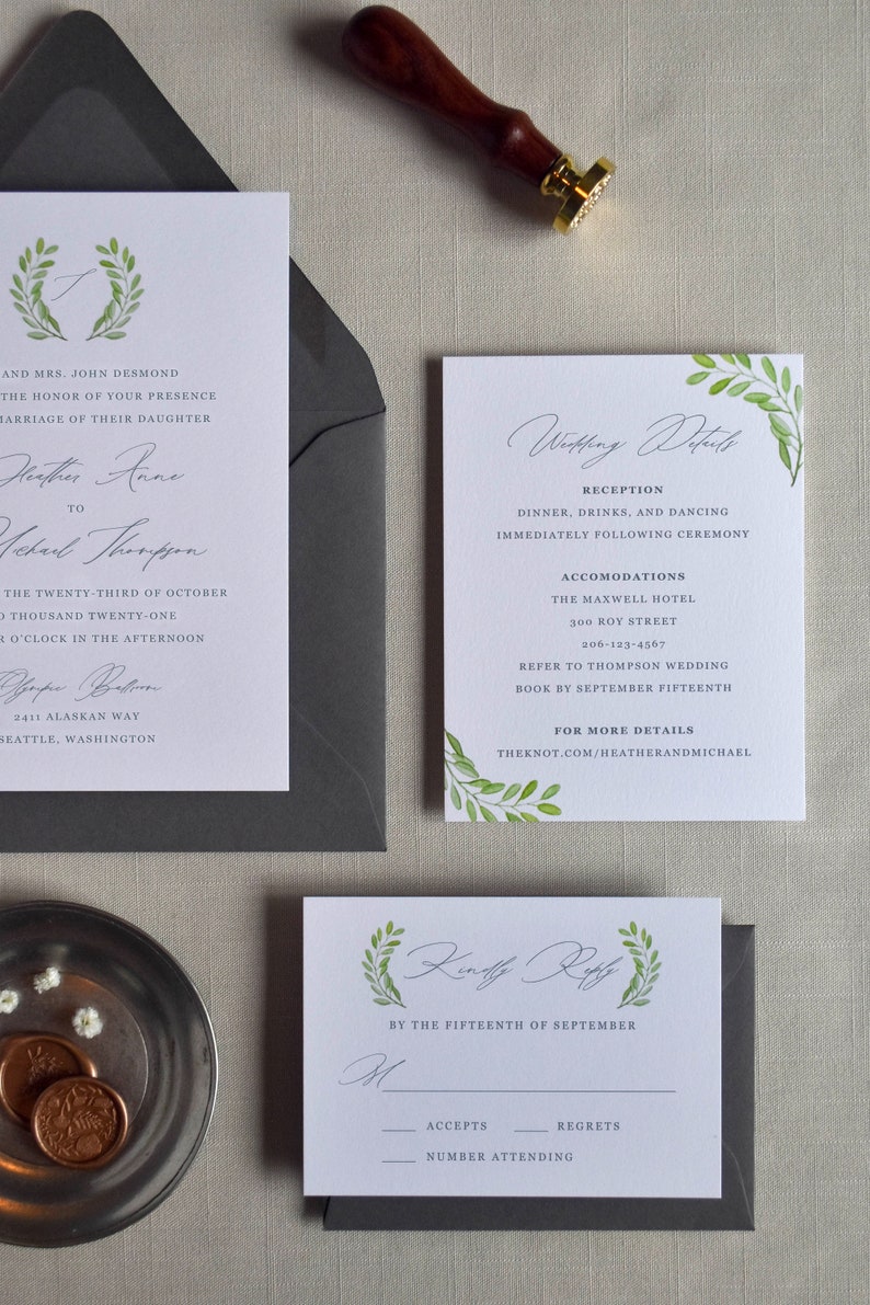 Romantic Wedding Invitation with RSVP Card, Watercolor Greenery Wedding Invite, Calligraphy Invitation Suite with Details Card image 6