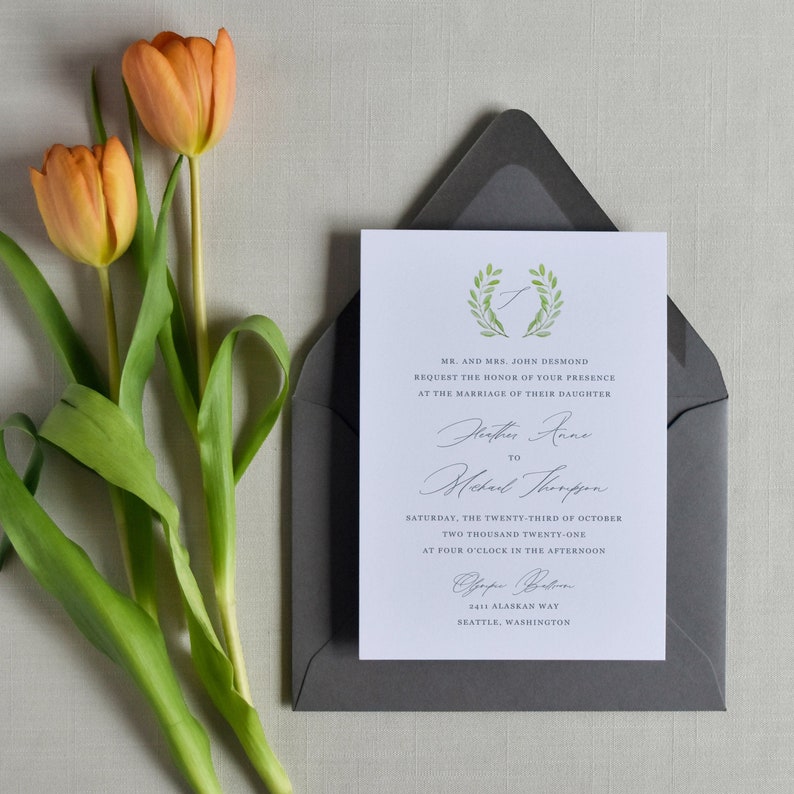Romantic Wedding Invitation with RSVP Card, Watercolor Greenery Wedding Invite, Calligraphy Invitation Suite with Details Card image 5