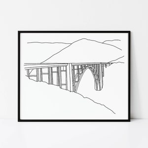 Bixby Bridge Wall Art, Big Sur Art Print, California Coast Highway 1, Black and White Minimalist Line Art