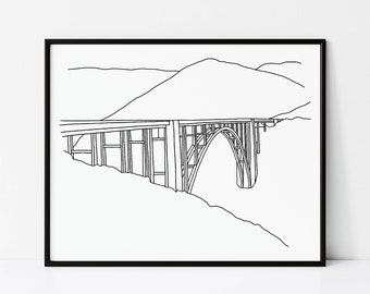 Bixby Bridge Wall Art, Big Sur Art Print, California Coast Highway 1, Black and White Minimalist Line Art