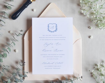 Monogram Crest Wedding Invitations with RSVP Card, Calligraphy Monogram Wedding Invite with Envelopes and Details Card