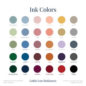 Puede incluir: Una carta de colores titulada "Ink Colors" con una variedad de tonos, incluyendo eucalipto, rubor y oro. La carta muestra 30 muestras de color en forma circular, con cada color etiquetado. El texto "Lottie Lou Stationery" est&aacute; en la parte inferior.