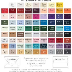 Puede incluir: Una carta de colores que muestra opciones de sobres con varios tonos, incluyendo Rojo Brillante, Zafiro y Hoja de Oro. La carta incluye estilos de solapa Euro y Cuadrada, con opciones met&aacute;licas. El texto dice "Opciones de Sobres."