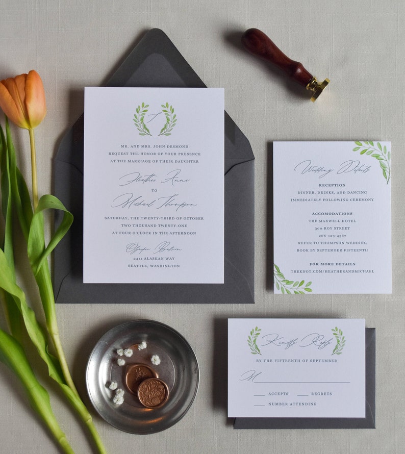 Romantic Wedding Invitation with RSVP Card, Watercolor Greenery Wedding Invite, Calligraphy Invitation Suite with Details Card image 3