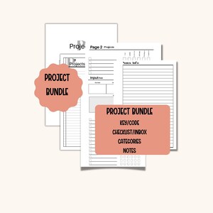 May include: A printable project bundle planner with sections for key/code, checklist/inbox, categories, and notes. The planner has a black and white design with a pink and white title.