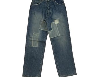W31 L32 Pantaloni in denim Hawk Jeans patchwork effetto invecchiato Denim vintage rielaborato Grunge Streetwear Jeans larghi blu