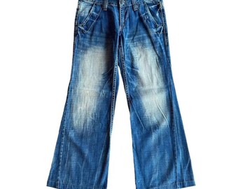 Jeans Lolita Denim, modello vintage blu lavato a gamba larga, stile Y2K Harajuku Street, effetto invecchiato, retrò, streetwear giapponese, pantaloni in denim.