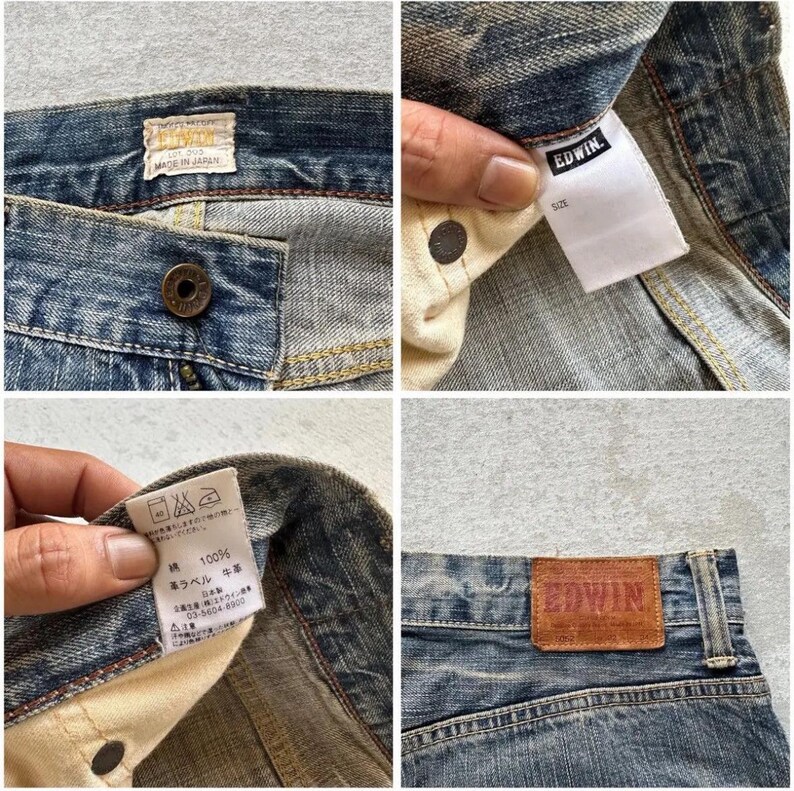 May include: Detailed shots of blue denim jeans, highlighting the button, labels, and leather patch. The jeans have a worn appearance, with visible stitching and the brand name "Edwin" on the tags and patch.