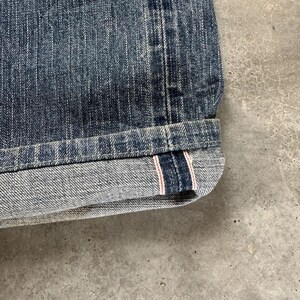 May include: Close-up of the hem of blue denim shorts. The denim has a textured appearance with vertical lines. The hem is cuffed, revealing a red and white stripe detail on the inside.