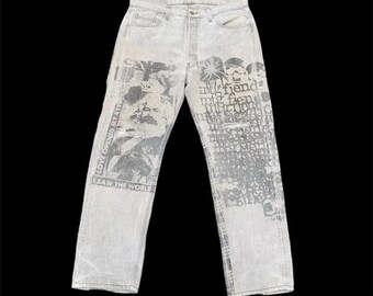 W35 L32 Jeans Levi’s 501 vintage anni '90 con grafica effetto invecchiato, lavaggio acido, taglio dritto, streetwear, grunge, pantaloni in denim grigio sbiadito