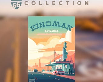 May include: A vintage-style illustration of a roadside diner in Kingman, Arizona. The diner is painted in a retro colour scheme of red, white, and blue. The illustration features a classic car driving down Route 66, with a sunset in the background.