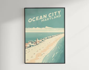 May include: A vintage-style travel poster featuring an illustration of Ocean City, Maryland. The poster has a teal background with the text "Ocean City Maryland" in white and a view of the beach and ocean.
