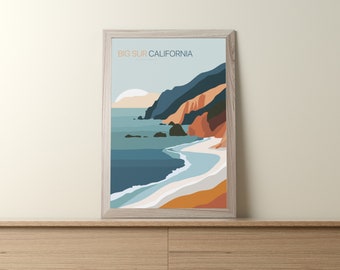 May include: A framed print of a stylized illustration of a coastal landscape with a beach, ocean, and cliffs. The text "BIG SUR CALIFORNIA" is at the top of the print.