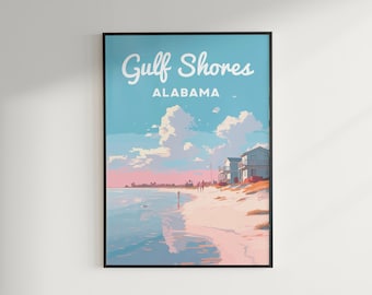 May include: A retro-style travel poster with a blue sky, white clouds, and a beach scene. The poster features the text "Gulf Shores, Alabama".
