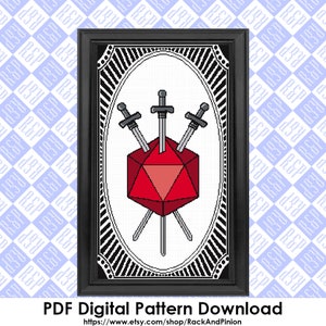 May include: A black and white cross-stitch pattern featuring a red 20-sided die with three swords crossing behind it. The pattern is framed in a black frame with a white background.