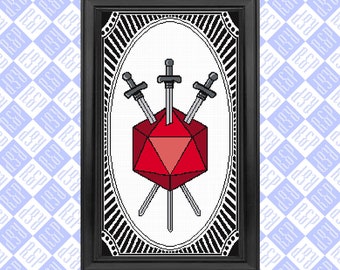 Three of Dice Polyhedral Dice Tarot Swords DND D&D - Counted Cross Stitch Pattern - PDF Digital Download