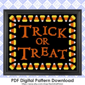 Peut inclure: Un motif de point de croix noir et orange avec le texte "Trick or Treat" entouré d'une bordure de maïs sucré.