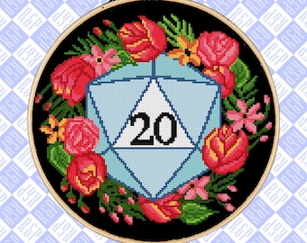 D20 in Flower Wreath Dungeons and Dragons 5e Polyhedral Dice DND D&D- Counted Cross Stitch Pattern - PDF Digital Download