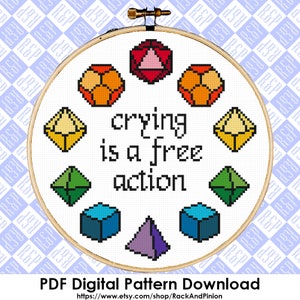 Crying is a Free Action 2 options Rainbow or Blue Polyhedral Dice DND D&D Pride- Counted Cross Stitch Pattern - PDF Digital Download