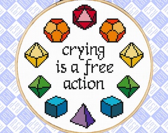 Crying is a Free Action 2 options Rainbow or Blue Polyhedral Dice DND D&D Pride- Counted Cross Stitch Pattern - PDF Digital Download