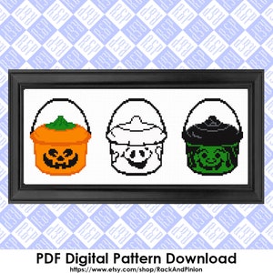 May include: A digital cross-stitch pattern for three Halloween trick-or-treat buckets. The buckets are a pumpkin, a ghost, and a witch. The pattern is in black and white.