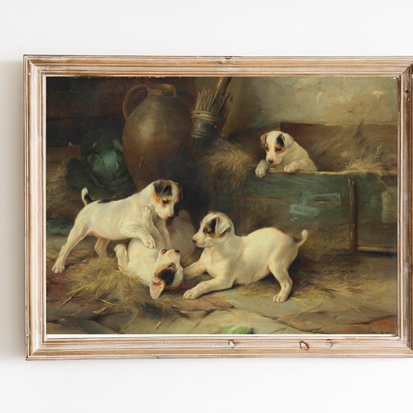 IMPRESSION D’ART| peinture à l’huile de chiots vintage | Quatre chiots à Play Art | Jack Russell Art Antique | Peinture de chien victorienne | Art intérieur de grange