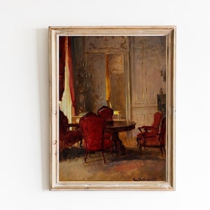 ART PRINT | Vintage Interior Scene Oil Painting | Red Elegance and Luxury Chairs with Table Wall Art Print | Baroque House Artwork