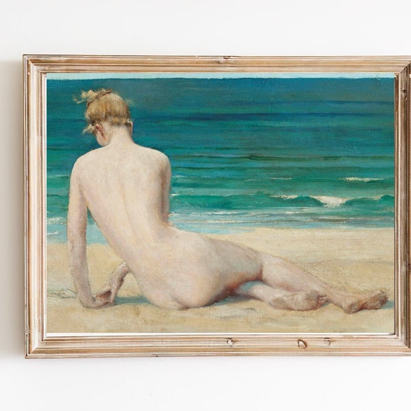KUNSTDRUCK | Nackte Mädchen am Strand Ölgemälde | Figur Studie Weiblich | Akt Gemälde | Vintage Badezimmer Druck | Figuratives Ölgemälde