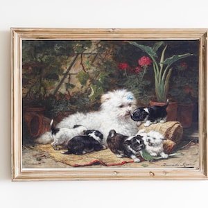 ART PRINT | Vintage Dog Painting | A Cairn Terrier and Her Puppies  | Cairn Terrier Oil Painting |  Farmhouse Art Print | Dog Lovers Gift