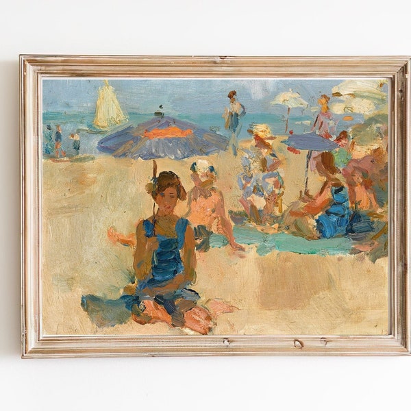 ART PRINT | A Sunny Day of the Beach Print | Vintage Beach Oil Painting | Coastal Decor | Sunbathers Art Beach Scene Artwork