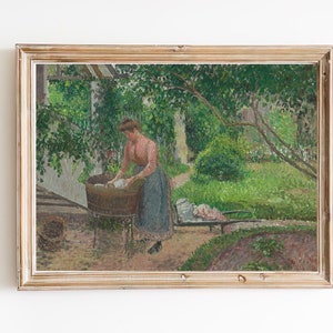 アートプリント | ランドリールームの壁アートプリント | 農家風装飾 | ヴィンテージ油絵 | アンティーク女性油絵 | 洗濯婦の絵画
