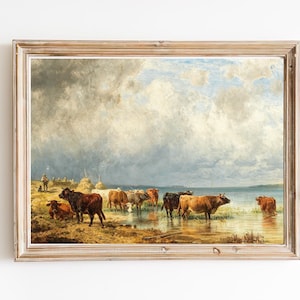 STAMPA D&#39;ARTE / Stampa artistica da parete di mucche vintage / Una mandria di bovini vicino a un lago Pittura a olio / Stampa artistica di paesaggio antico / Arredamento della fattoria