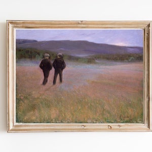 ART PRINT | Two Friends Walking in the Field with Flowers in Sunlight Oil Painting | Summer Meadow Landscape Wall Art Print | Pastoral Art