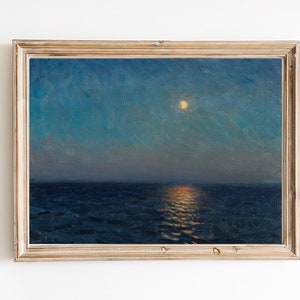 ART PRINT | Vintage Ocean at Night Oil Painting | Calm Waves Wall Art Print | Seascape  Artwork | Deep Blue Moonlit Art | Dark Seascape