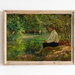 IMPRESSÃO DE ARTE | Pintura a óleo de pescador infantil vintage | Arte nas margens do rio | arte da parede da infância do campo | Pintura Impressionista | Menino Pescador