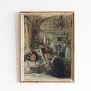 ART PRINT | Women in the Salon Oil Painting | Girl Reading Art Print | Vintage Painting | Interior Scene Painting |Female Figurative Art