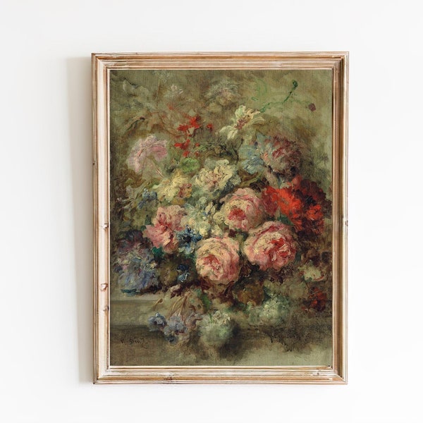 IMPRESSION D'ART | peinture à l'huile vintage fleurs | Nature morte de roses anciennes | Roses blanches et roses | Impression d'art shabby chic | Art floral pastel