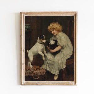 IMPRESIÓN DE ARTE / Niña con pintura al óleo de gatito y perro / Decoración de la pared de la habitación de las niñas / Pintura antigua / Niño con estampado de mascota