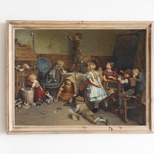 ART PRINT | Vintage Nursery Art Print | School Class Oil Painting | Children Playing Victorian Artwork | Vintage Children Portrait Art