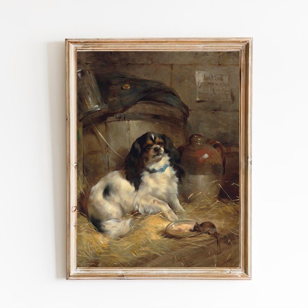 IMPRESSION D'ART | peinture à l'huile vintage King Charles Spaniel | Épagneul King Charles Art | Peinture de souris | Décoration de ferme | Art de chien