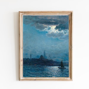 ART PRINT | Istanbul in Moonlight Oil Painting | Vintage Istanbul Wall Art | Antique Turkish Painting | Moonlight Seascape Art | Night Sea