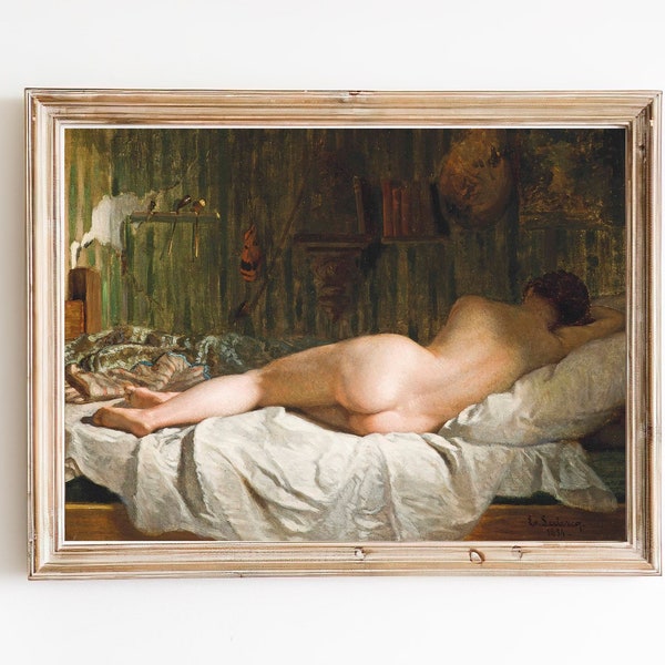 ART PRINT | Vintage Reclining Nude Oil Painting | Female Nude Decor Wall Art | Naked Girl Painting | Antique Figurative Painting
