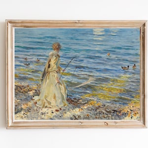 ART PRINT | Vintage Girl Fishing Wall Art | Antique Fishing Oil Painting | Impressionist Art | Lake Landscape Painting | Female Figurative