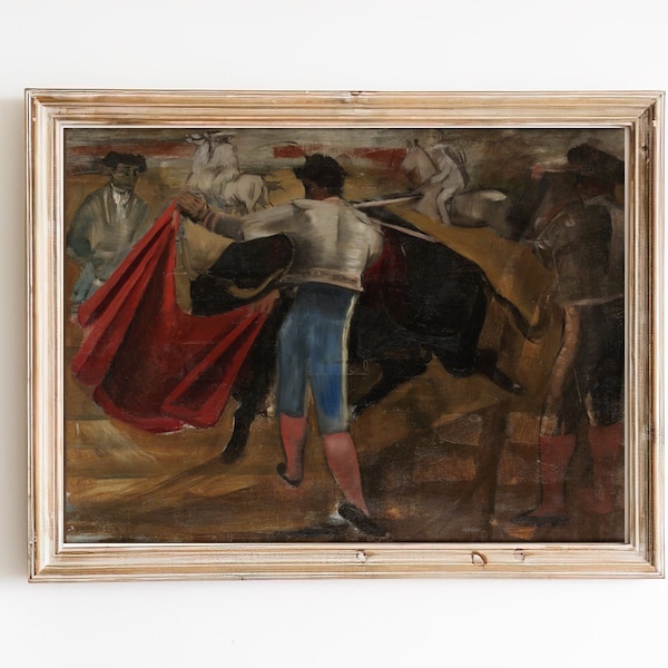 ART PRINT | Vintage Bull Fight Oil Painting | Bullfighter Artwork | Matador With Bull Wall Art | Spanish Corrida Painting