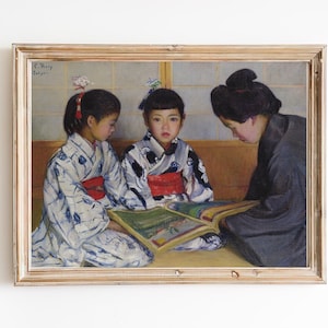 IMPRESIÓN DE ARTE / Pintura al óleo vintage para niños / Obras de arte en el aula / Arte de dos niñas / Decoración de habitaciones para niños / Arte de kimono japonés