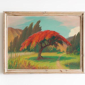 ART PRINT | Vintage Lonely Tree Oil Painting | Flamboyant Tree Art | Royal Poinciana | Antique Tropical Nature Scenery