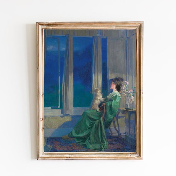 IMPRESSION D'ART | peinture à l'huile vintage femme avec un chien | Portrait antique | Impression d'art mural bleu | Impression femme endormie | Imprimé scène d'intérieur