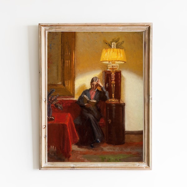 Impresión de pintura al óleo antigua de mujer leyendo / Arte de escena interior