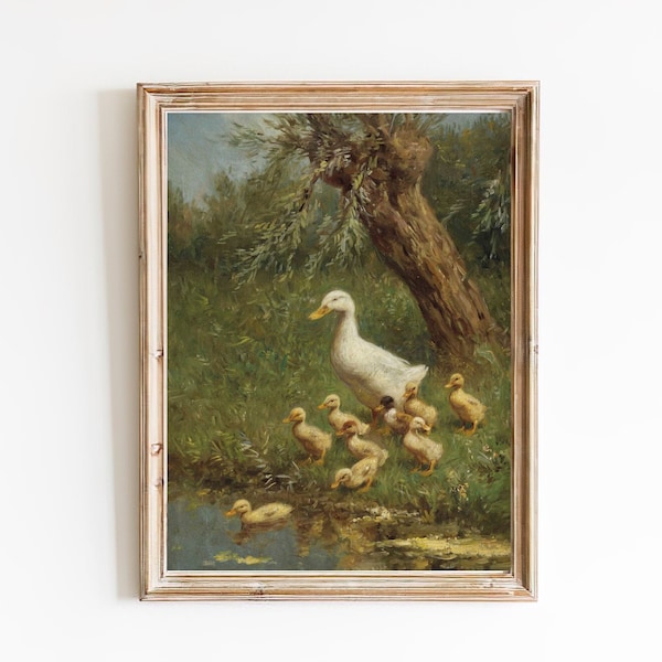 ART PRINT | Goose and Gosling Oil Painting | White Goose Wall Art Decor | Yellow Baby Gosling Painting | Farm Animal Nursery Decor